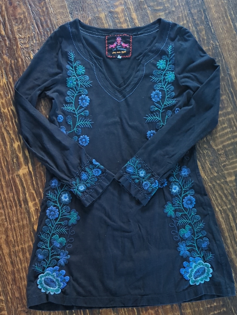 Johnny Was Black Long Sleeve Embroidered Tunic with Blue Floral Accents